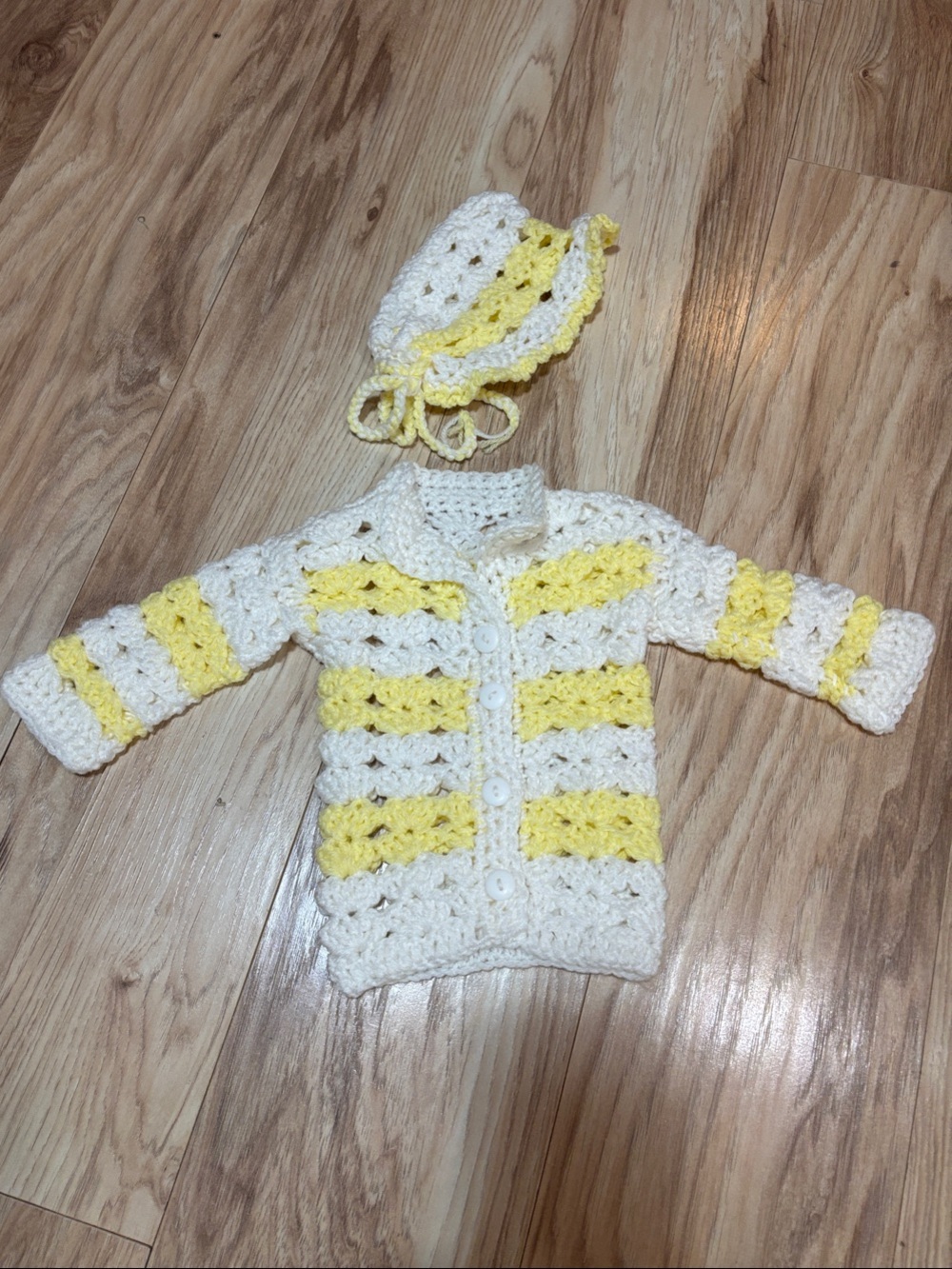 Handmade Crocheted Baby Cardigan and Bonnet - White and Yellow